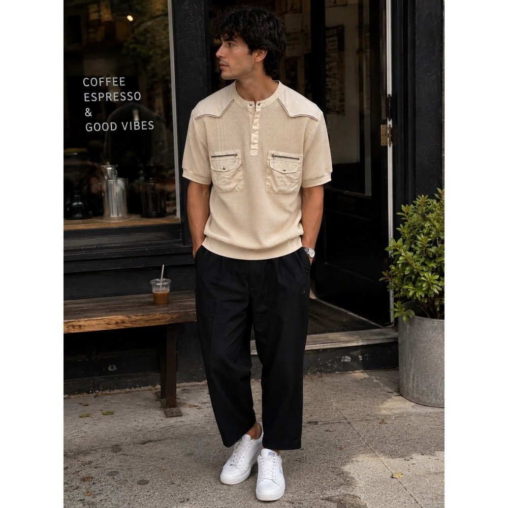 Vintage 80s Wayne Scott Utility Waffle Knit Shirt Mens Large Zip Pocket Techwear
